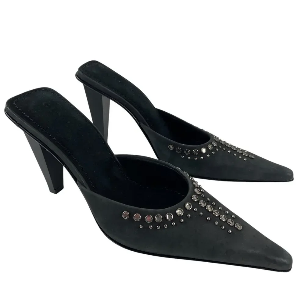 Glory Chen Black Studded Black Leather Suede Pointed Toe Mule Heels Size 5.5